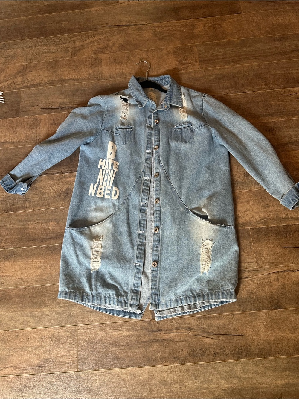 Distressed Light Blue Denim Long Jacket with Pocket Detail